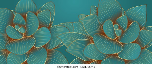 Luxurious green emerald background design with golden lotus. Lotus flowers line arts design for wallpaper, natural wall arts, banner, prints, invitation and packaging design. vector illustration.
