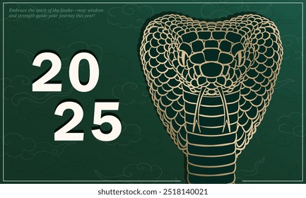 Luxurious green and gold banner for 2025 Lunar New Year or Christmas, celebrating the Year of the Snake with hand drawn head of King Cobra snake (Chinese horoscope sign) with swirling cloud patterns