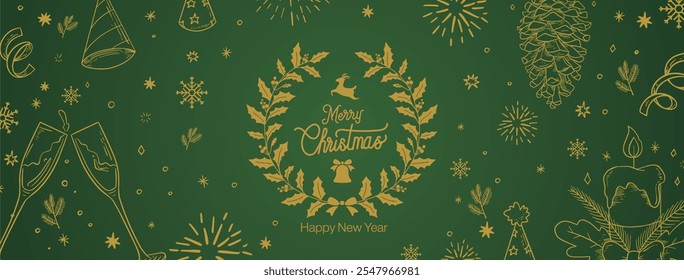 Luxuoso Ouro Verde Natal 2024 e Feliz Ano Novo Design Banner com Decoração de Natal Dourado. Ilustração de vetor de decoração de Natal