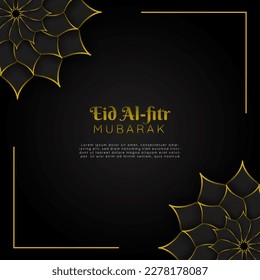 Luxurious greeting card Happy Eid Al-Fitr. Islamic luxury background design with luxurious black and gold flower frames