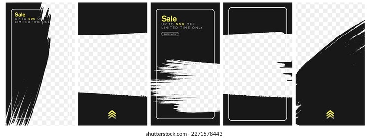 Luxurious Grunge Background Frames for Social media stories. Vertical Grunge Templates with swipe up icons and shop now buttons. Space for copy and images. Vector Illustration. EPS 10.