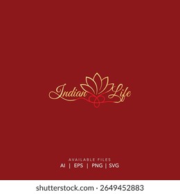 Luxurious Hand Drawn Indian Life Script with Stylized Lotus Bloom Indian Life Calligraphy Logo