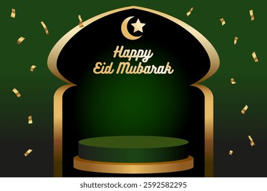 Luxurious Happy Eid Mubarak stage podium with confetti on gradient green background