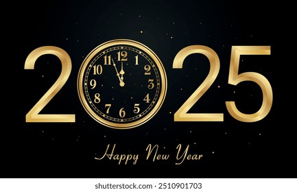 Luxurious Happy New Year 2025 Vector with Golden Clock and Elegant Black Background. Suitable for Greeting Card, Banner, Poster, template etc