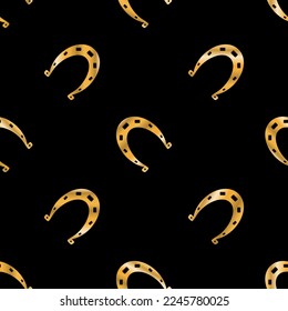 Luxurious happy seamless pattern. Golden horseshoes lined up in a certain order on a black background. Vector illustration for print, fabric, cover, packaging, blog decoration and other your projects.