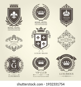 Luxurious heraldic emblems and badges with shields and crowns, blazons, vector