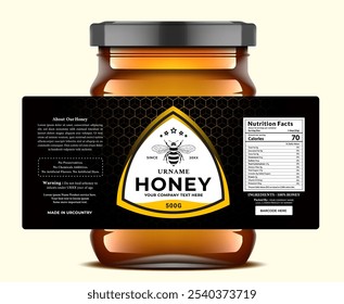 Luxurious honey label design featuring a gold bee emblem and nutritional information. Perfect for premium branding.