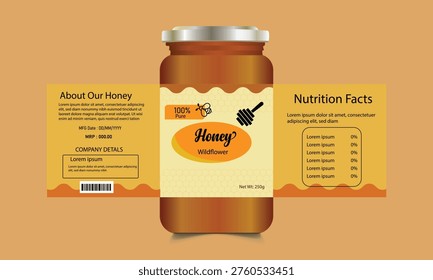 Luxurious honey label design featuring a black bee emblem. Free vector honey bottle package design.