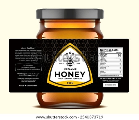 Luxurious honey label design featuring a gold bee emblem and nutritional information. Perfect for premium branding.