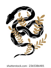 Luxurious illustration of a decorative swirled snake with stems and foliage. Anaconda clipart with natural decoration. Serpent and sticks
