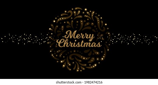 Luxurious illustration of Merry Christmas. Vector web banner for social media, poster, card, flyer. Magical black and gold background with text Merry Christmas. Golden sparkles and curls, radiance.