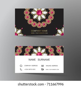 Luxurious Indian business card design, diamond gem jewelry color.Contact card for company. Two sided. Vector illustration. Flat design.

