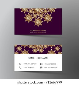 Luxurious Indian business card design, diamond gem jewelry color.Contact card for company. Two sided. Vector illustration. Flat design.
