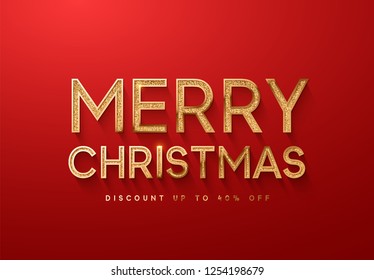 Luxurious inscription, seasoned style, Merry Christmas gold text. banner, poster, logo golden color on red background. Luxury elegant text font. vector illustration