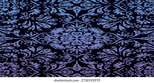 Un patrón de damasco lujoso e intrincado con adornos florales y motivos de pergamino, presentado en un gradiente cautivador de azul profundo en transición a púrpura intenso, creando una imagen sofisticada y texturizada.