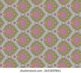 Luxurious, intricate damask pattern in muted tones for fabric or wallpaper.