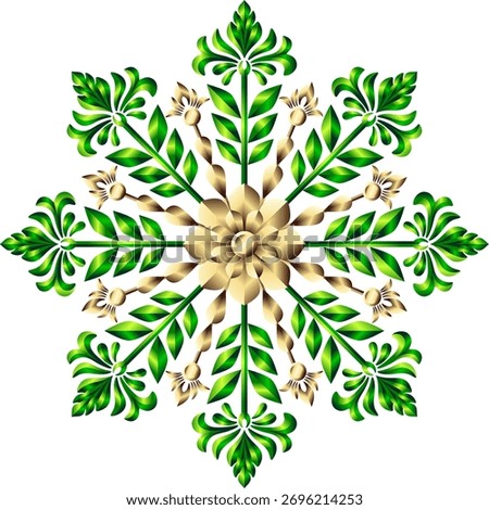 A luxurious, intricate damask snowflake design with metallic-style green leaves and gold floral elements. This elegant decoration combines natural and festive themes for Christmas, winter holidays, or