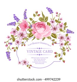 Luxurious invitation card of color peony, sacura and lavender flowers. Vintage floral invitation for spring or summer bridal shower. Rectangle card isolated over white background. Vector illustration.