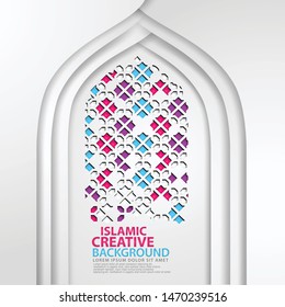 Luxurious Islamic greeting card with white color realistic door mosque texture with ornamental of mosaic. Vector illustrator