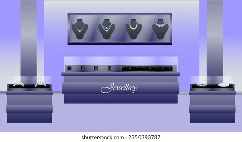 luxurious jewelry store vector illustration, diamond and bijouterie center, jeweler workshop, tiara and crown, earring, necklace showcase