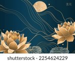 Luxurious landscape design. Lotuses against the backdrop of mountains and the moon. Elegant style in gold and blue. Suitable for invitation, banner and more.Vector illustration.