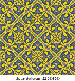 Lujoso entramado sin fisuras en tonos amarillos y grises. Los formularios de arte se agrupan y organizan en un orden específico.Imagen vectorial para impresión, textil, embalaje, diseño interior y otros proyectos.