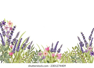 Luxurious lavender floral botanical background with trendy wildflowers and minimalist flowers for wall or wedding decoration. Watercolor hand drawn herb, elegant leaves for invitation save the date ca