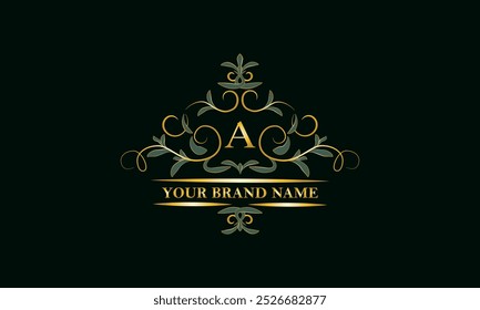 Luxurious leafy ornament with the initial letter A. Decorative frame. Template for brand logo, monograms, flyers, etc.