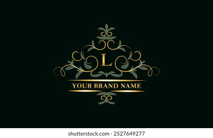 Luxurious leafy ornament with the initial letter L. Decorative frame. Template for brand logo, monograms, flyers, etc.