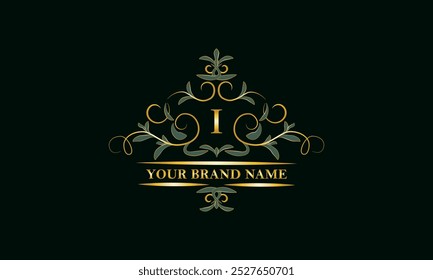 Lujoso adorno de hojas con la letra inicial I. Marco decorativo. Plantilla para el logotipo de la marca, monogramas, volantes, etc.