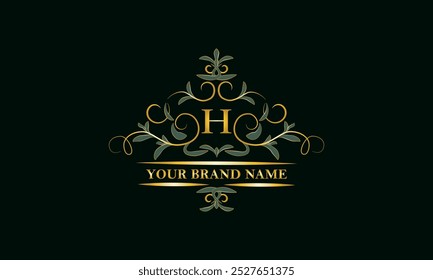 Lujoso adorno de hojas con la letra inicial H. Marco decorativo. Plantilla para el logotipo de la marca, monogramas, volantes, etc.