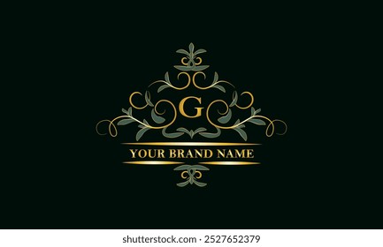 Lujoso adorno de hojas con la letra inicial G. Marco decorativo. Plantilla para el logotipo de la marca, monogramas, volantes, etc.