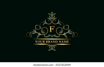Lujoso adorno de hojas con la letra inicial F. Marco decorativo. Plantilla para el logotipo de la marca, monogramas, volantes, etc.