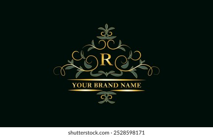 Luxuriöses, blättriges Ornament mit dem Anfangsbuchstaben R. Dekorativer Rahmen. Vorlage für Markenlogo, Monogramme, Flyer usw.