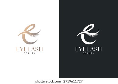 Lujoso diseño del logotipo de la pestaña de la letra E con la silueta brillante elegante del ojo. Monograma femenino creativo para salón de belleza, artista de pestañas, estudio de maquillaje y marca de clínica cosmética