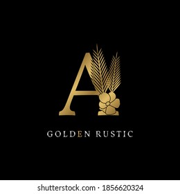 luxurious letter A with flower and palm leaves golden rustic vintage brand for royal company, event or personal identity, salon, spa, fashion, beauty care. silver color in dummy text