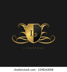 Luxurious  letter L Logo. Vector design concept golden luxurious shield  shape with letter logo icon for luxury business, initial or mor company identity.