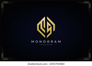 luxurious letter MS logo with gold line art hexagon shape vector design template