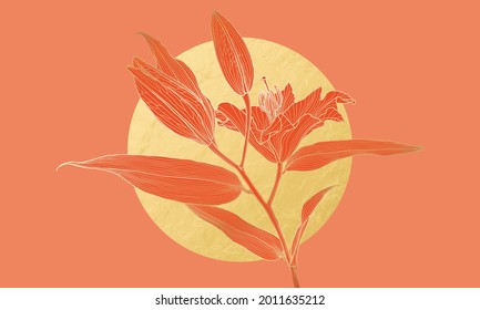 Luxurious lily flower in art deco style silhouette drawing with gold outline and gold foil circle on coral red background. Wallpaper design for print, poster, cover, banner, invitation, postcard.