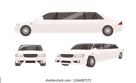 Luxurious limousine or limo isolated on white background. Expensive posh premium motor vehicle, car or automobile. Set of front and side views. Colorful vector illustration in flat cartoon style.