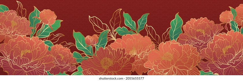 Diseño de fondo de líneas lujosas con composición esférica de flores de peón para papel de paredes, textiles, papel y estampados. Ilustración vectorial vintage. 