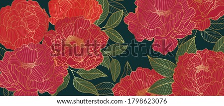 Luxurious line arts background design with peony flower spherical composition for wallpaper, textiles, paper and prints. Vintage vector illustration. 