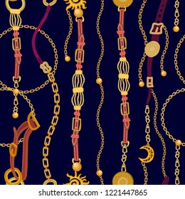 Luxurious linear print with fashion accessories. Seamless vector pattern with straps, chains and jewelry elements. Women's fashon collection. On black background.