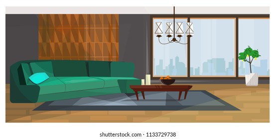 Luxurious living room with panoramic window vector illustration. Modern room with green sofa and stylish chandelier above coffee table. Coziness concept