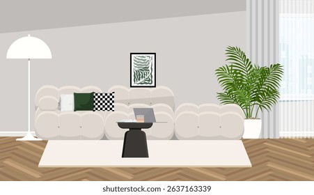 Luxurious living room with parquet flooring and modular bubble sofa.