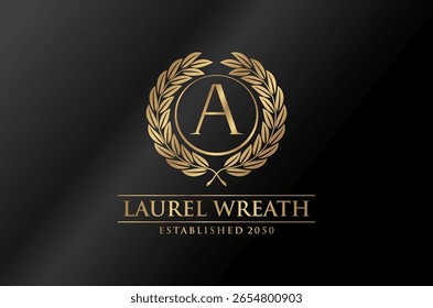 Un logotipo de lujo con una corona de laurel dorada letra A. Perfecto para la marca de negocios. 