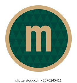 A luxurious lowercase m in gold, framed by a green circular border with a triangular pattern. Ideal for elegant logo design and stylish branding concepts.