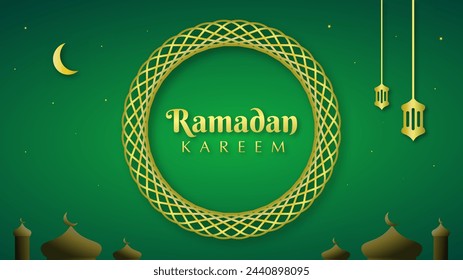 a luxurious and magnificent Islamic background. Ramadan Kareem Greeting Card with golden arabic ornament in Dark Green Color Background