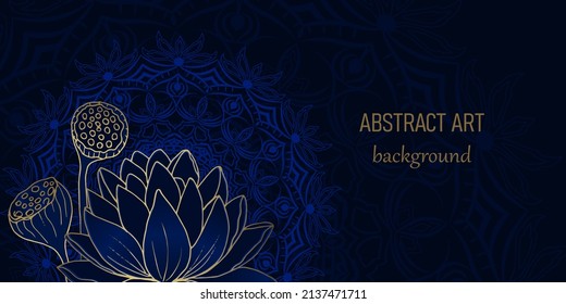 Luxurious mandala background with golden lotus pattern. Decorative mandala on a blue background. Dark background with gold pattern for print, poster, cover, brochure, flyer, banner. Vector.