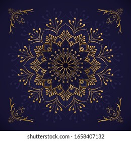 Luxurious Mandala Flower Design Patterns. with a shiny gold color and a dark background.